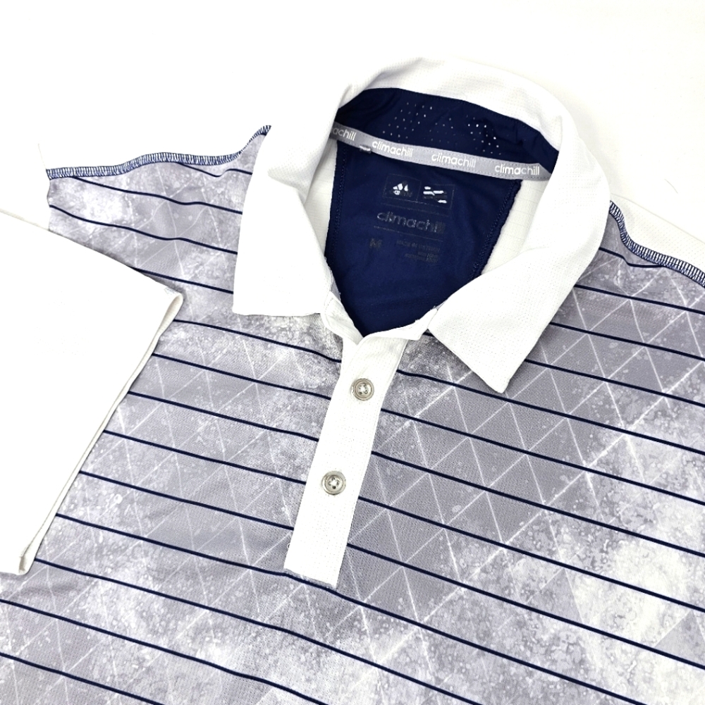 Adidas Climachill Polo Size Med Grey White Marbled Design Striped Club Logo.